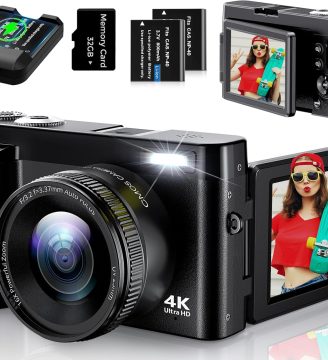 4K Digital Camera for Photography, UHD Autofocus 48MP 180° Flip Screen 16X Zoom Compact Point Shoot Vlogging Camera for YouTube with 2 Batteries, 32GB Card (Black)
