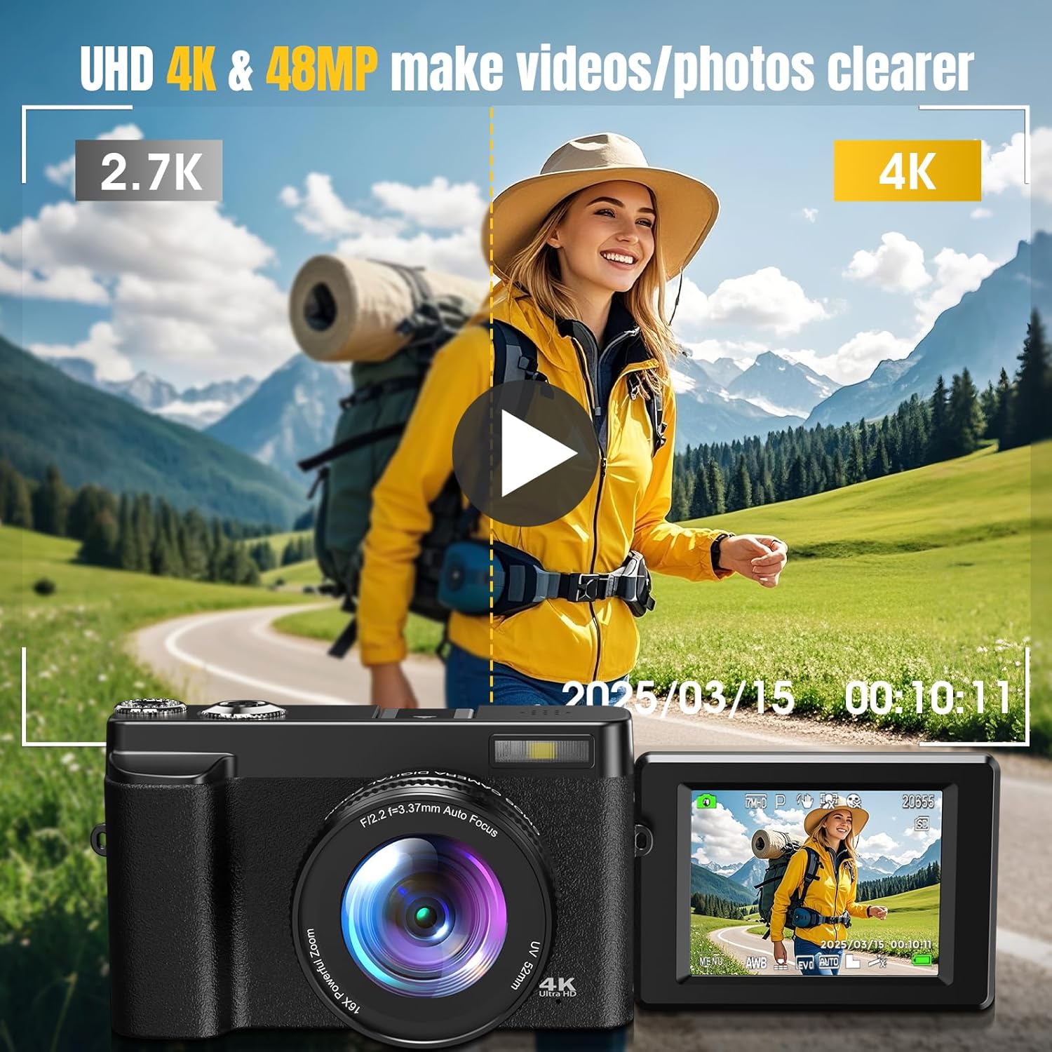 4K Digital Camera for Photography, UHD Autofocus 48MP 180° Flip Screen 16X Zoom Compact Point Shoot Vlogging Camera for YouTube with 2 Batteries, 32GB Card (Black) - Image 2