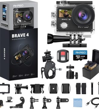 AKASO Brave 4 Action Camera 4K 30fps with 64GB MicroSD U3 Card Bicycle Helmet Accessories Kit Bundle, 20MP Ultra HD 131FT Waterproof Underwater Camera EIS WiFi Remote Control 5X Zoom Sport Cameras